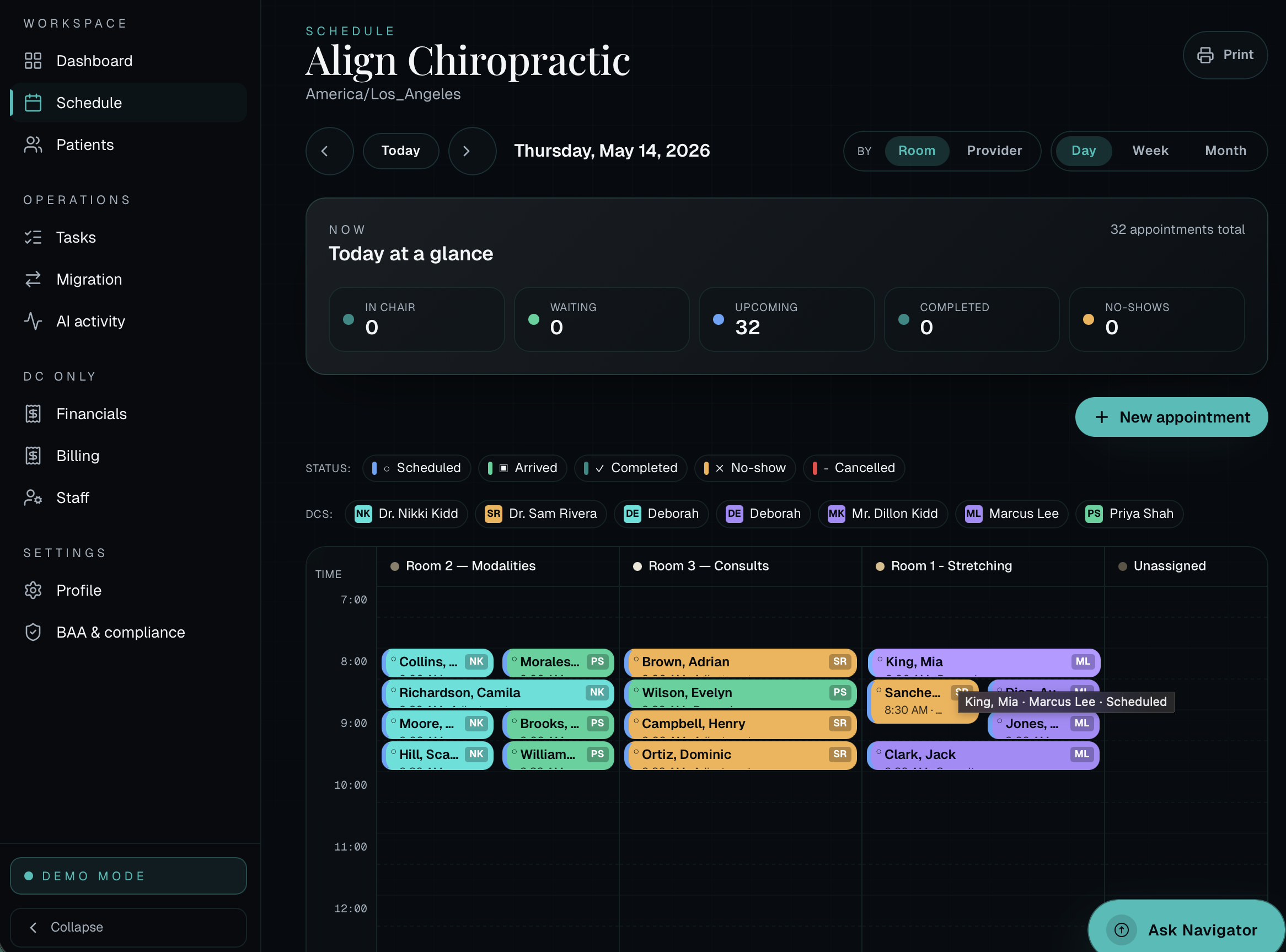 Align schedule with Today-at-a-glance panel, color-coded DC pills, and the Navigator FAB ready for multi-step commands