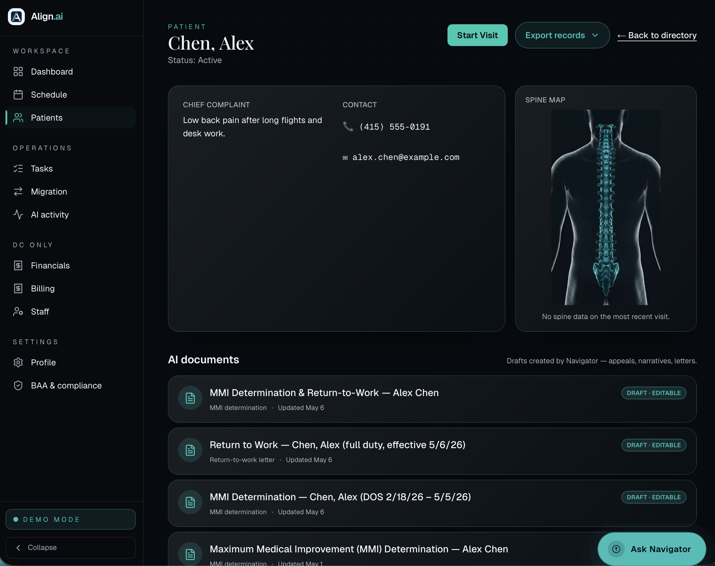 Patient profile with AI-drafted clinical documents - Return to Work and MMI determinations